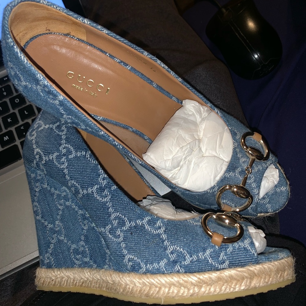 Gucci Denim Horsebit Wedges